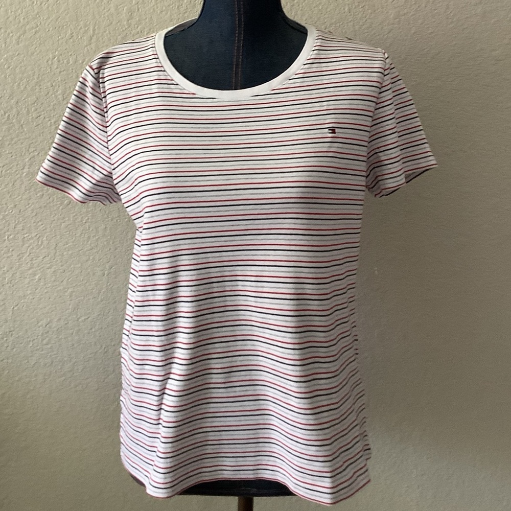 Tommy Hilfiger White Blue Red Stripe Crewneck Short Sleeve T-Shirt Size X-Long